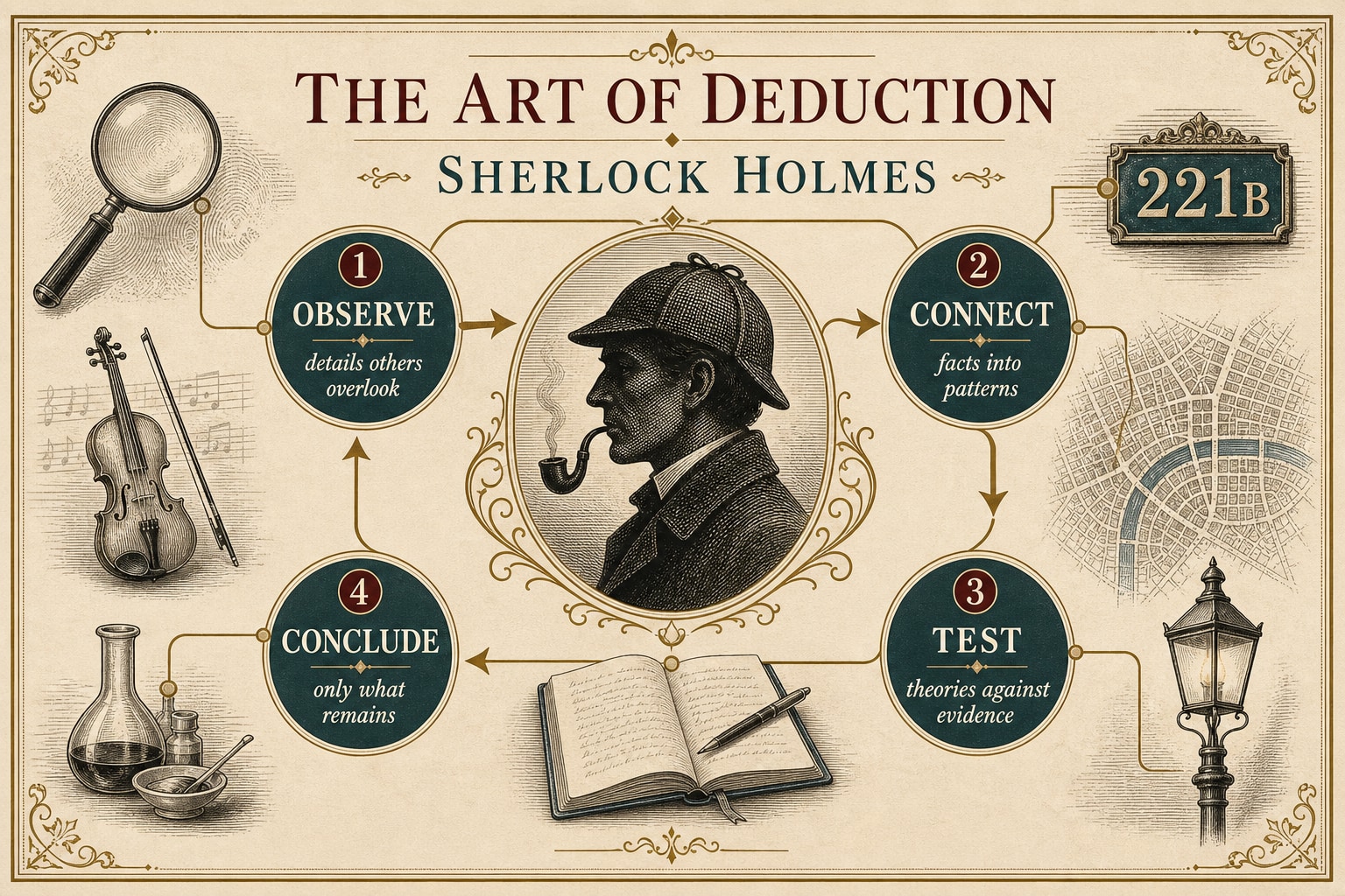 A Victorian-style infographic mapping Sherlock Holmes?s spoiler-free method of observation, connection, testing, and conclusion.
